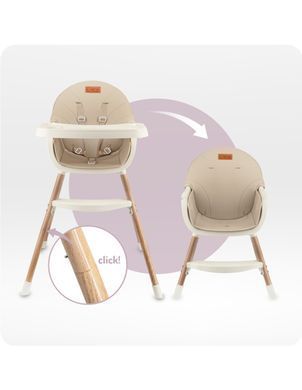 Стульчик для кормления 2в1 MoMi Reki Beige с функцией стульчика для ребенка, 2 уровня высоты, съемная обивка и столешница, компактная сборка.