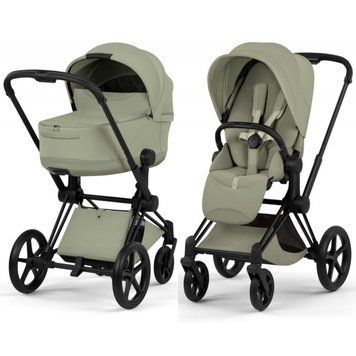 Коляска 2в1 Cybex Priam Style Collection 5.0 Sage Green шасси Matt Black с реверсивным блоком, большие колеса, ремни безопасности One Pull, складывание люльки из шасси