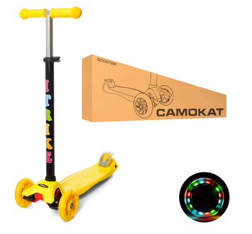 Детский самокат iTrike MAXI JR 3-003-Y с светящимися колесами Желтый, руль 75/84 см