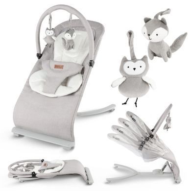 Шезлонг-гойдалка для новонароджених Kidwell Rubi Wooden gray/white зі знімною дугою з двома іграшками, м'яка плюшева вставка