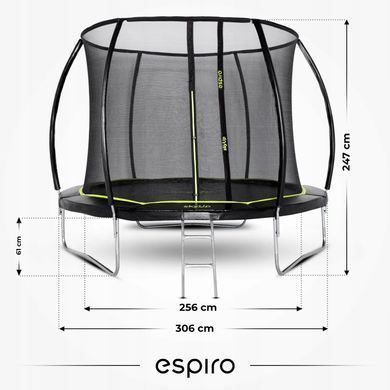 Батут дитячий ESPIRO SKY UP 305 см чорний з зеленим з захистною сіткою по периметру, драбина