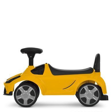 Каталка-толокарь Bambi Racer M 6299-6 желтый с корзиной под сиденьем, ручка для переноски, передние фары со светом, музыка