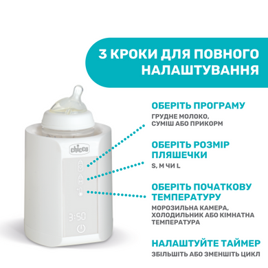 Подогреватель для бутылочек Chicco со стерилизатором белый, с автоматическим выключателем со звуковым сигналом, сенсорная панель