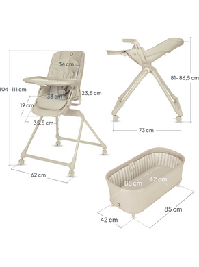 Стільчик для годування 3в1 Lionelo MADDIE SET BEIGE з функцією шезлонгу та ліжечком-колискою для немовлят, оберт на 360