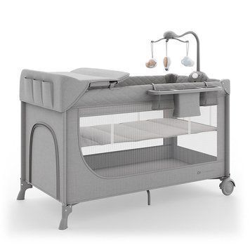Кровать-манеж с пеленатором Kinderkraft Leody Up Grey (KCLEODUPGRY0000) с пеленальным столиком, 2 уровня матраса, легкая сборка, органайзер, мобиль
