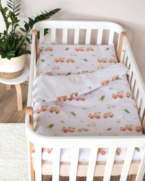 Дитячий постільний комплект Baby Veres "Дерев'яні паровозики" для новонароджених, бавовна, простирадло на резинці, 3 елементи